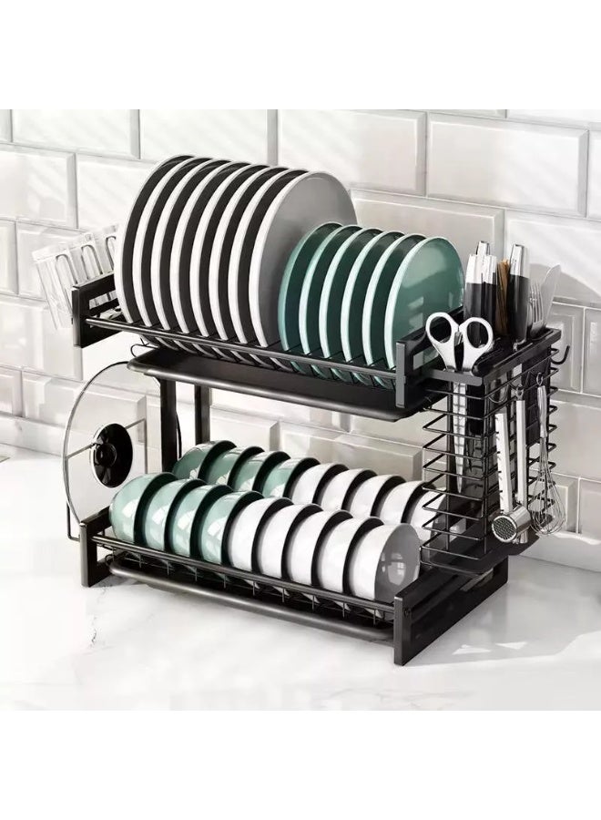 رف تجفيف الاطباق: رفوف اطباق من طبقتين لطاولة المطبخ والحوض - رف تجفيف اطباق كبير مع لوح تصريف وحوامل ادوات - مصفاة اطباق من الستانلس ستيل لتنظيم وتخزين المطبخ - Image 2